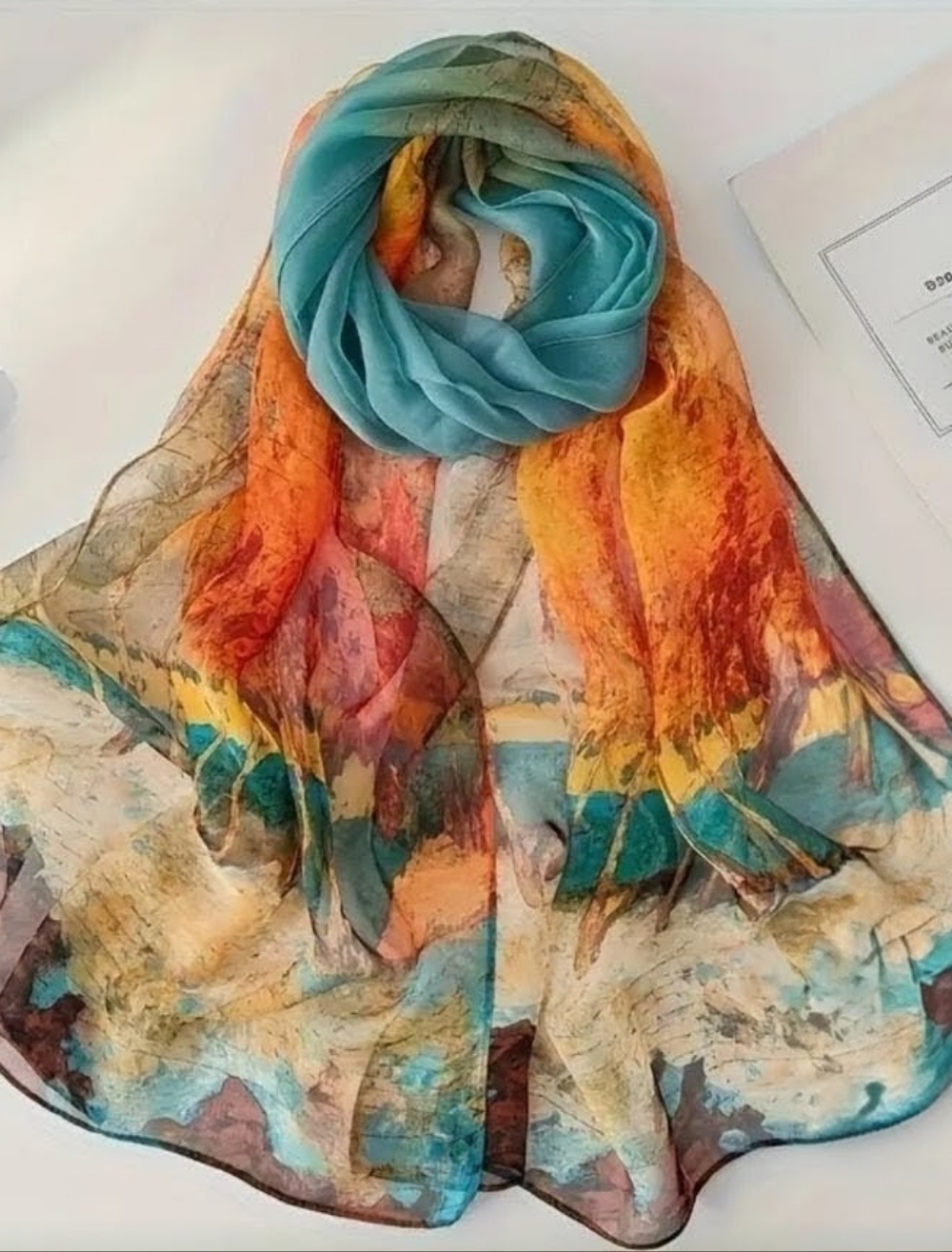 🩵 All Season, Lightweight, Multicolor, Floral Print Long Scarf In Teal & Orange